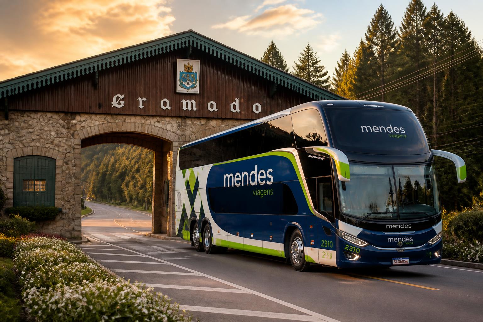 Ônibus Double Decker da Mendes Viagens em frente ao Pórtico de Gramado