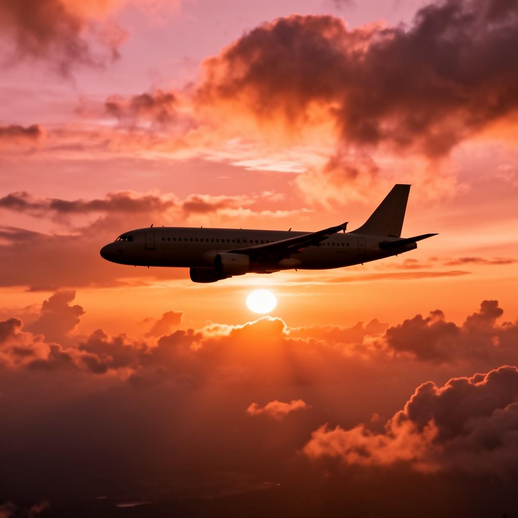Avião voando ao pôr do sol